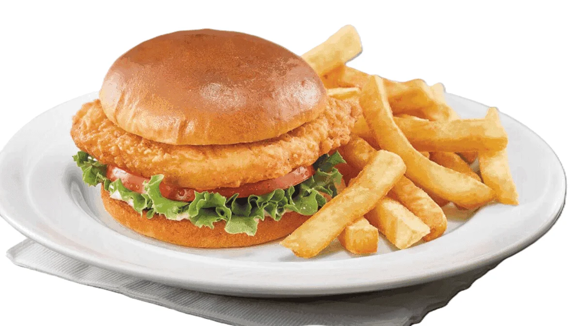 Crispy chicken sandwich with fries at Calgary Pub & Restaurant in SE Calgary, AB